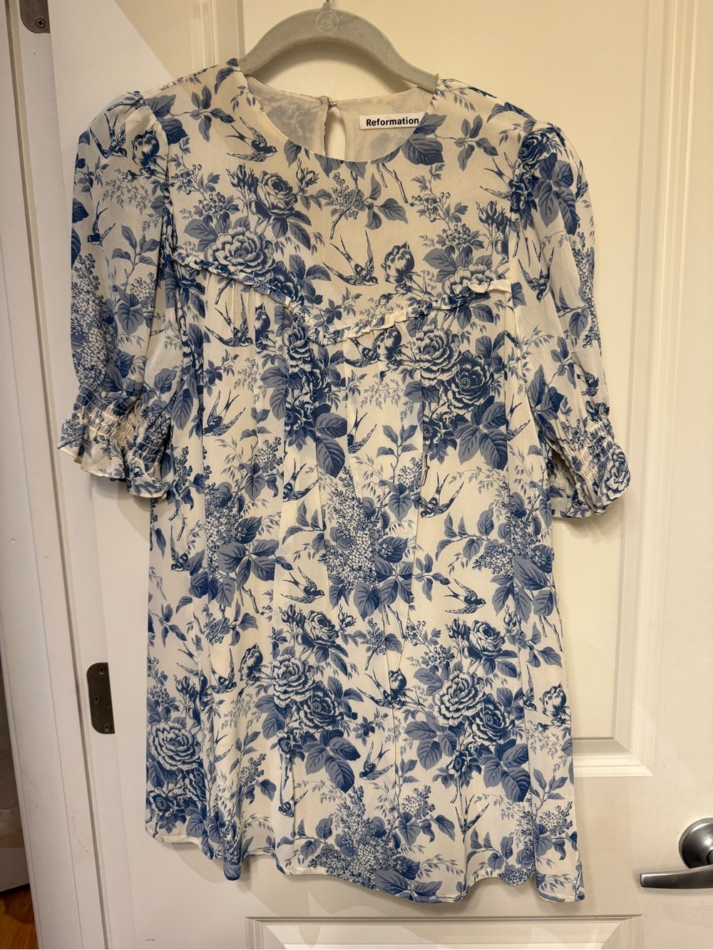 Reformation Cream Dress with Blue Floral Print